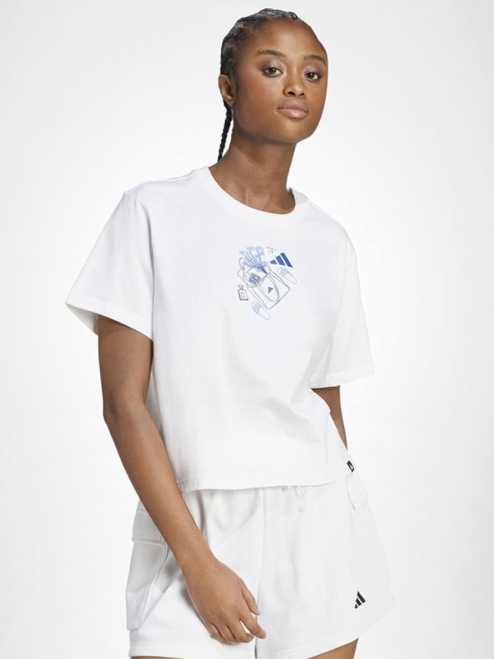 Adidas Women’s Farmers Market Graphic T-Shirt White Blue JVJ06 Loose Fit-SIZE XS